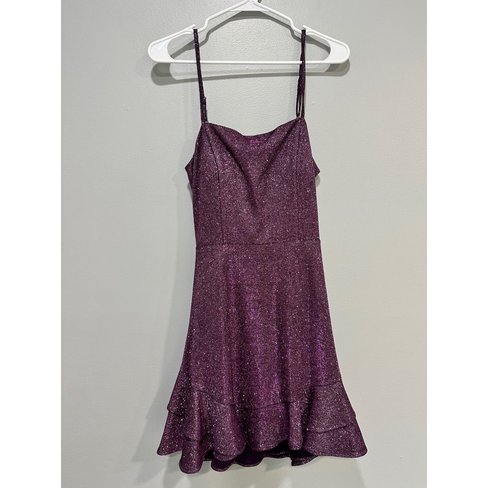 Dear Moon Purple‎ Sparkle Party Dress Open Back Ruffle homecoming Strap Size 11